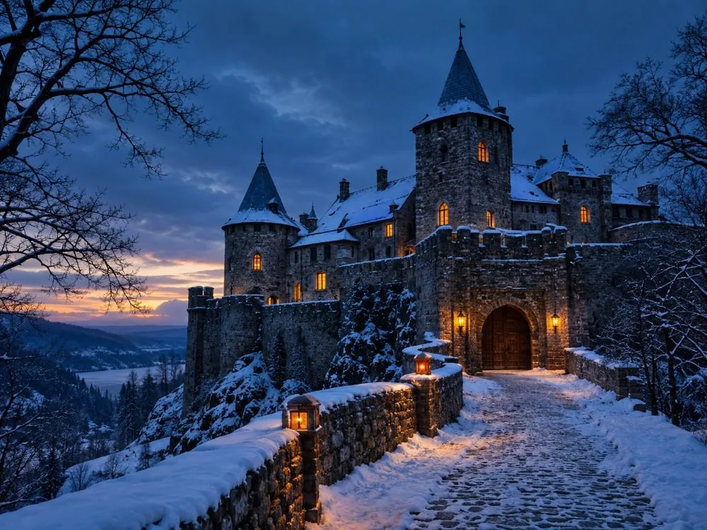 La forteresse au crépuscule hivernal, lorsque Oslo est plongée dans l'obscurité vers 15 h 15 à la fin du mois de décembre.